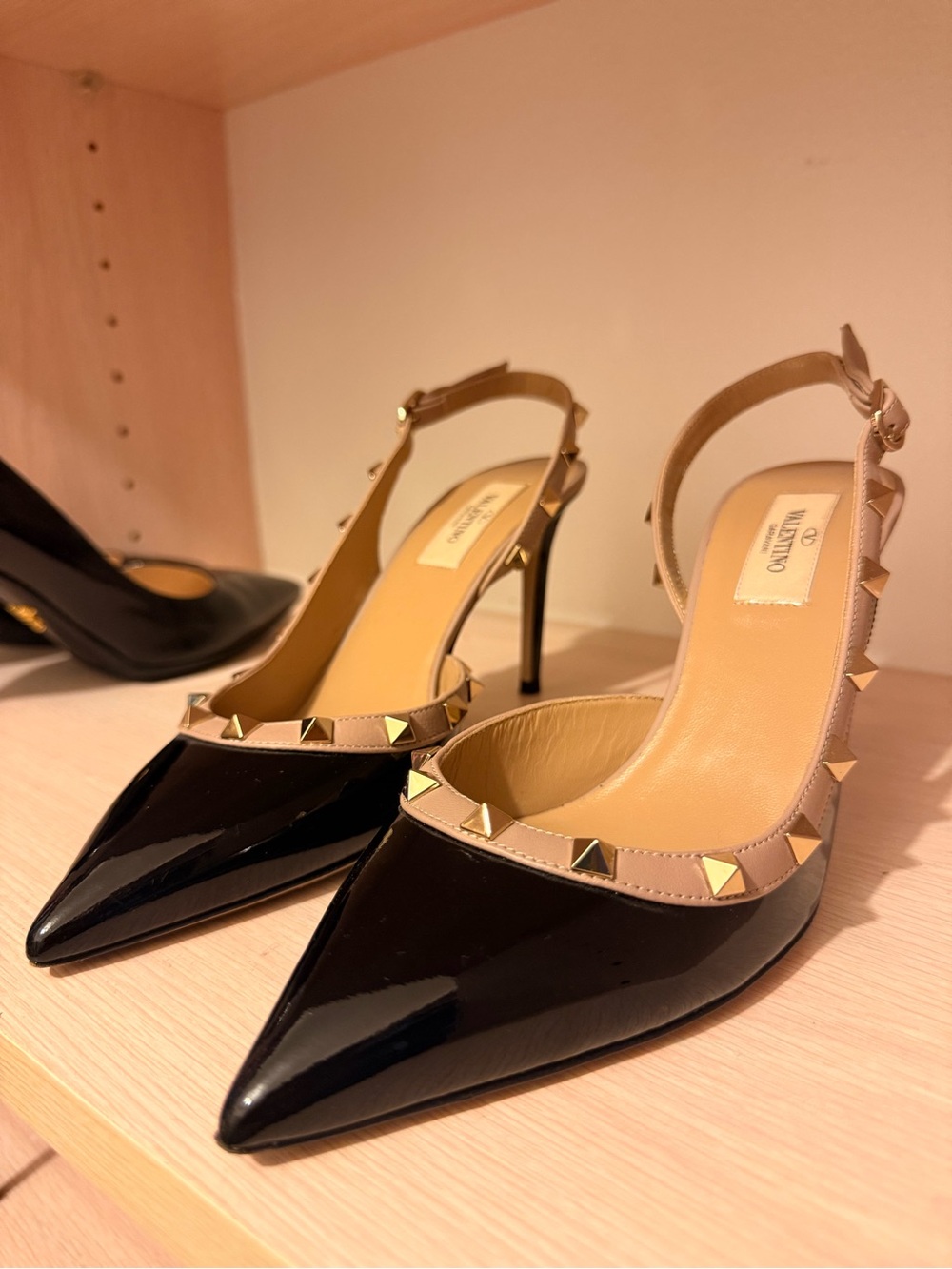 Valentino Rockstud Pointed Toe Slingback Pumps in Black and Nude